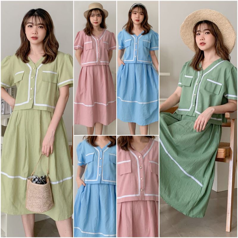 ♡ PREMIUM ♡ REAL PIC ! DJORKA 2 IN 1 WHITE LIST SET [ LINEN / JEANS DENIM ] POCKET BUTTON SHIRT WITH MIDI SKIRT / SETELAN ATASAN KANCING &amp; ROK SELUTUT ( BUSUI FRIENDLY )