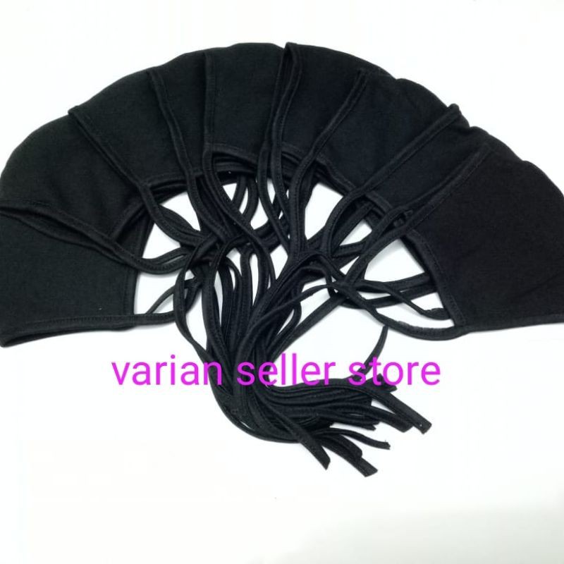 MASKER KAIN DEWASA 3PLAY WARNA HITAM TALI PANJANG IKAT BELAKANG BAHAN KAIN KAOS KATUN