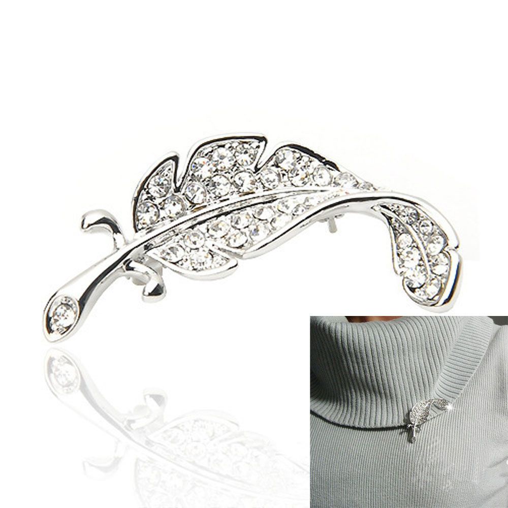 MXBEAUTY Hot Brooch Pins Rhinestone Feather Shape Brooches Silver Colored Fashion Clothes Delicate Lovely Sparkling Sweater Accessories/Multicolor