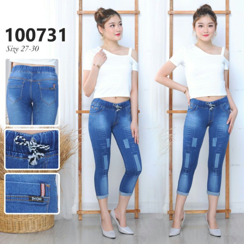 ARE_Celana Jeans Wanita/Cewek Pensil/Skinny 7/9 Pinggang Karet Laser Tambal Kaki Lipat Model Terbaru