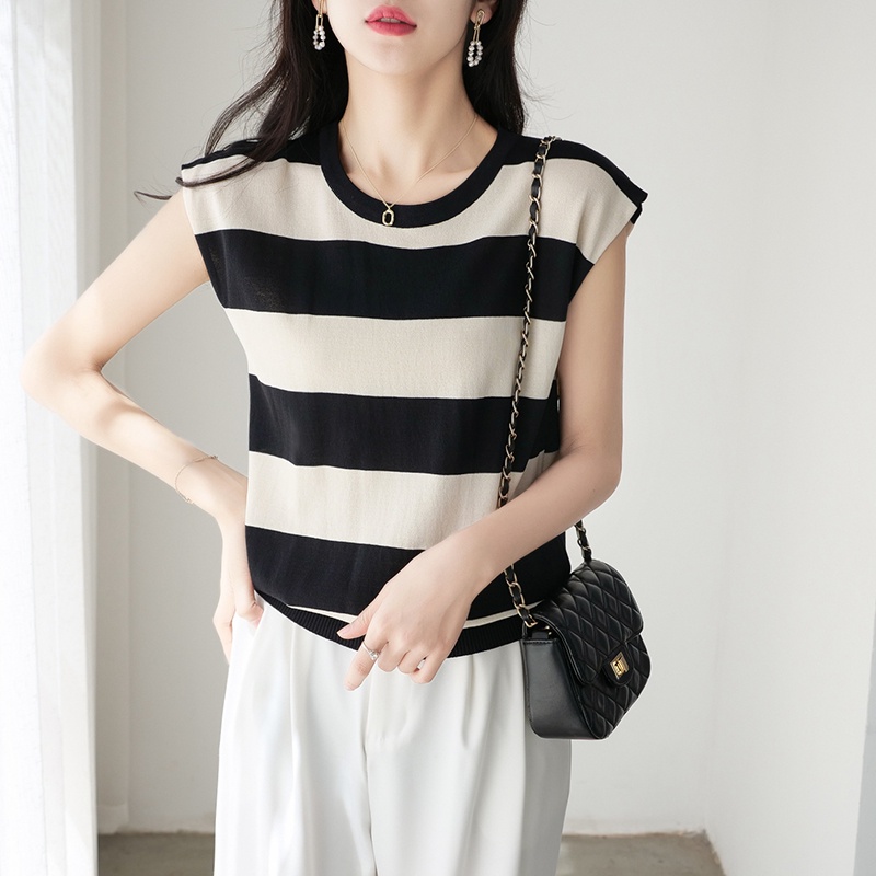 【Elegant】Korean Knit Round Neck Striped sleeveless T-Shirt 7481