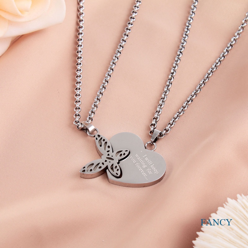 Kalung Desain Puzzle Butterfly Heart Bahan Stainless Steel Gaya Hip Hop Untuk Pria Dan Wanita