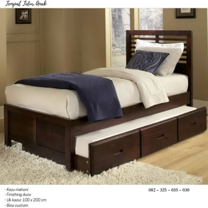 Tempat Tidur Tingkat 2 Kayu Jepara Minimalis, Kasur Anak Remaja 2 In 1 Murah Warna Natural Coklat