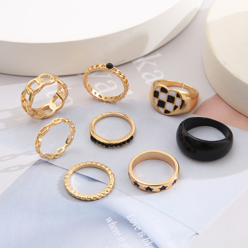 IFYOU 8pcs / Set Cincin Resin Desain Bintang Grid Hitam Putih Gaya Vintage Untuk Wanita