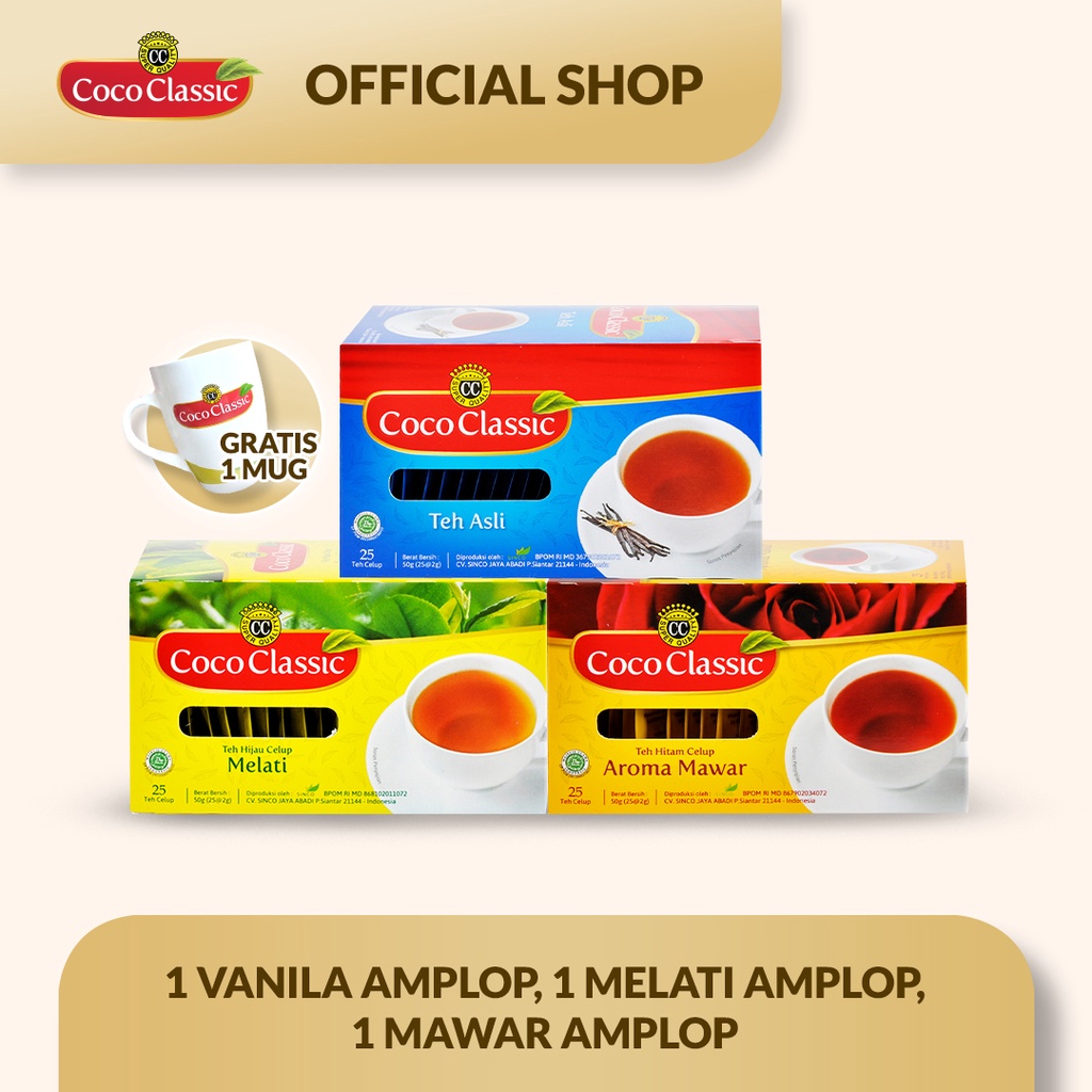 

Teh Coco Classic Promo Bundling 1 Box Teh Asli, 1 Box Teh Melati, 1 Box Teh Mawar & Free Mug Cantik