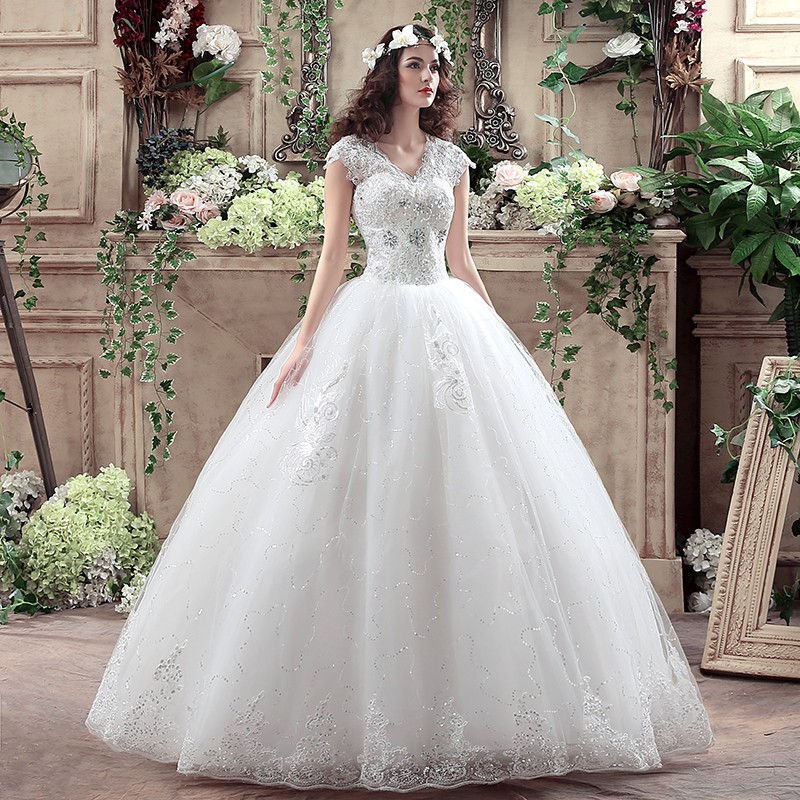 Luxurious White Women Wedding Dress Lace Embroidery Diamond Sequin Bridal Dress Gaun Import Gown