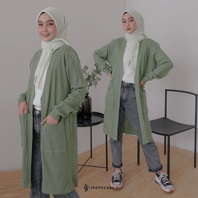 LUMA LONG CARDI | cardigan rajut panjang, soft knit cardigan-GREENTEA