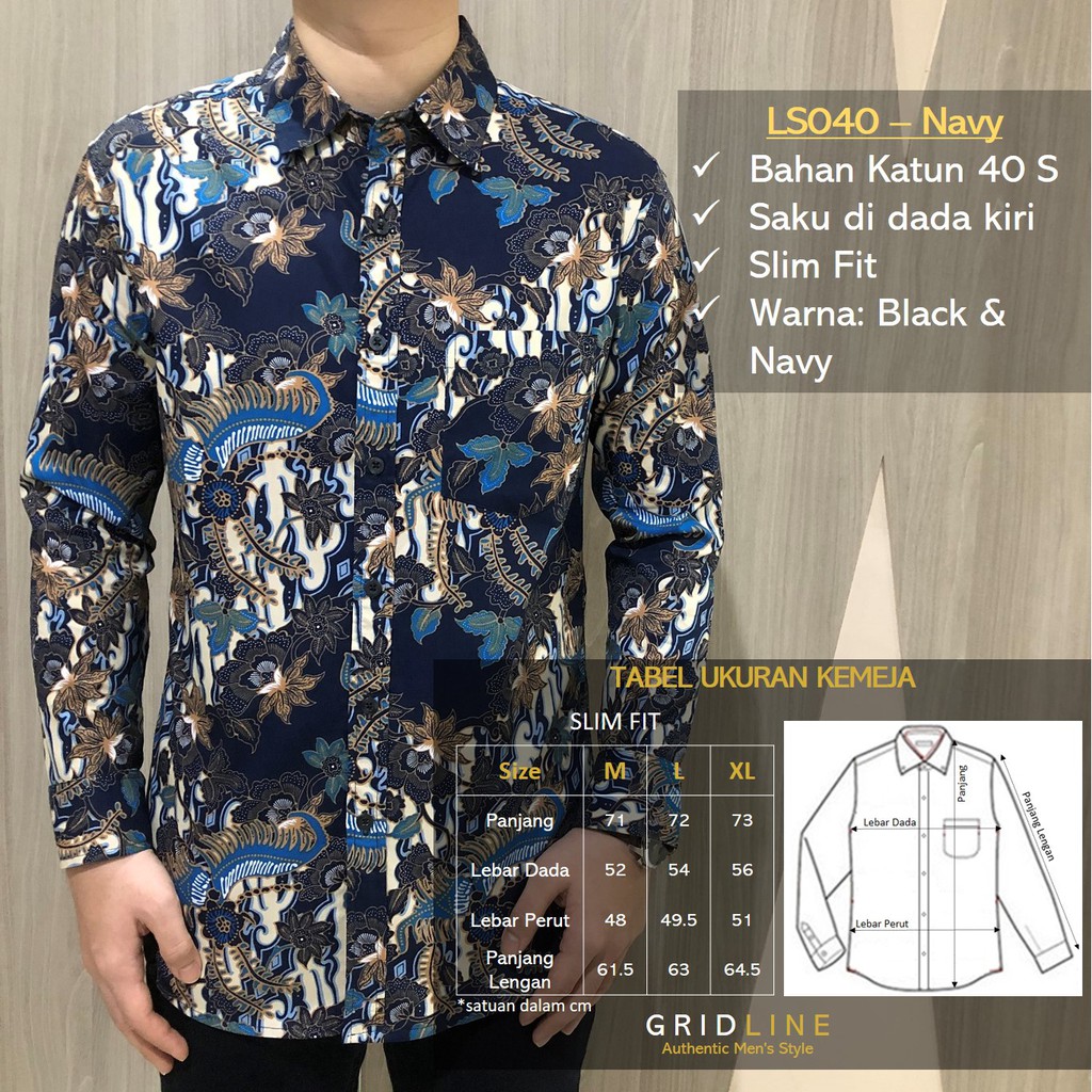 [GRIDLINE - LS040 Black &amp; Navy] Kemeja Batik Slimfit Pria Katun Lengan Panjang