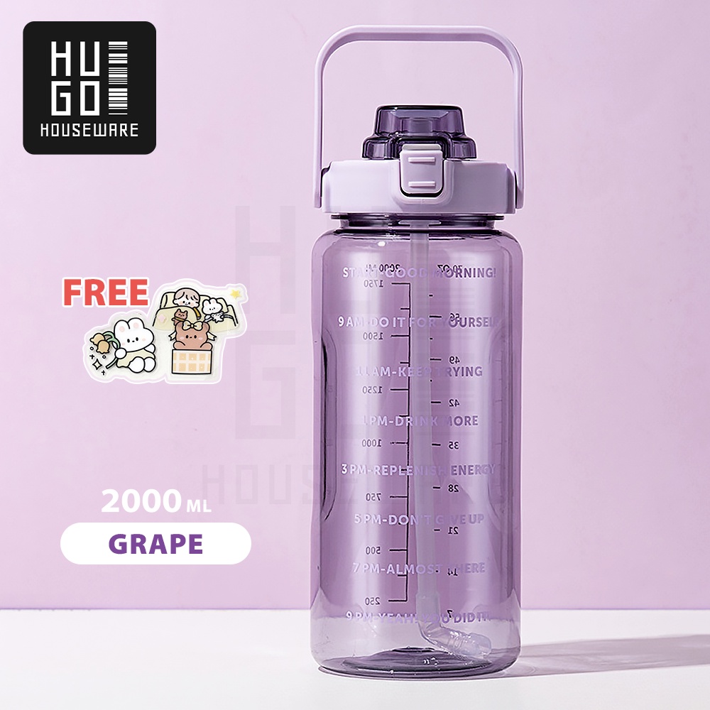 HUGO Botol Minum Motivasi 2 Liter Bening BPA FREE Gratis Stiker-Ungu