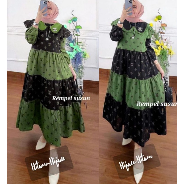 midi dress motif LV/ midi rayon / long dress rayon / gamis rayon, daster panjang