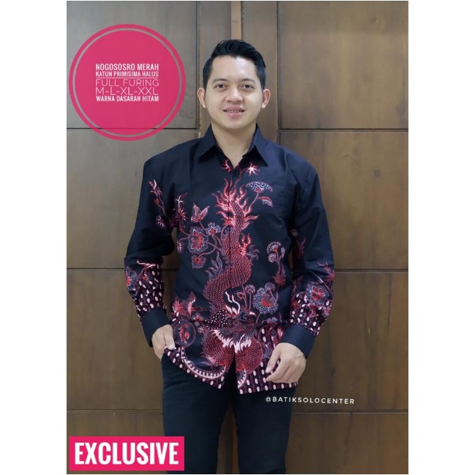 Kemeja batik pria lengan panjang Nogo Sosro merah berfuring