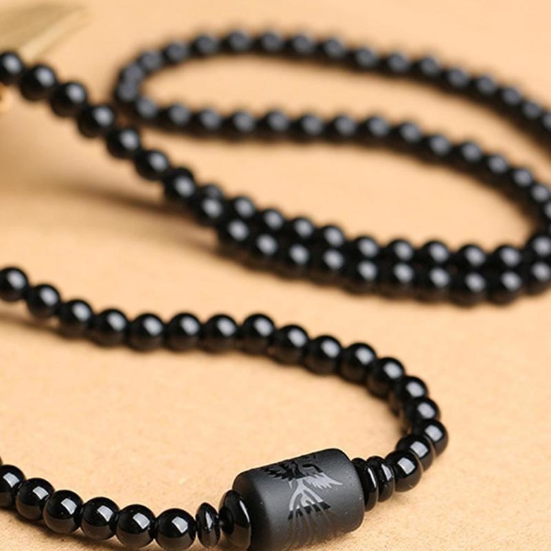 Gelang Manik-Manik Obsidian Bulat Motif Naga Phoenix Warna Hitam Gaya China
