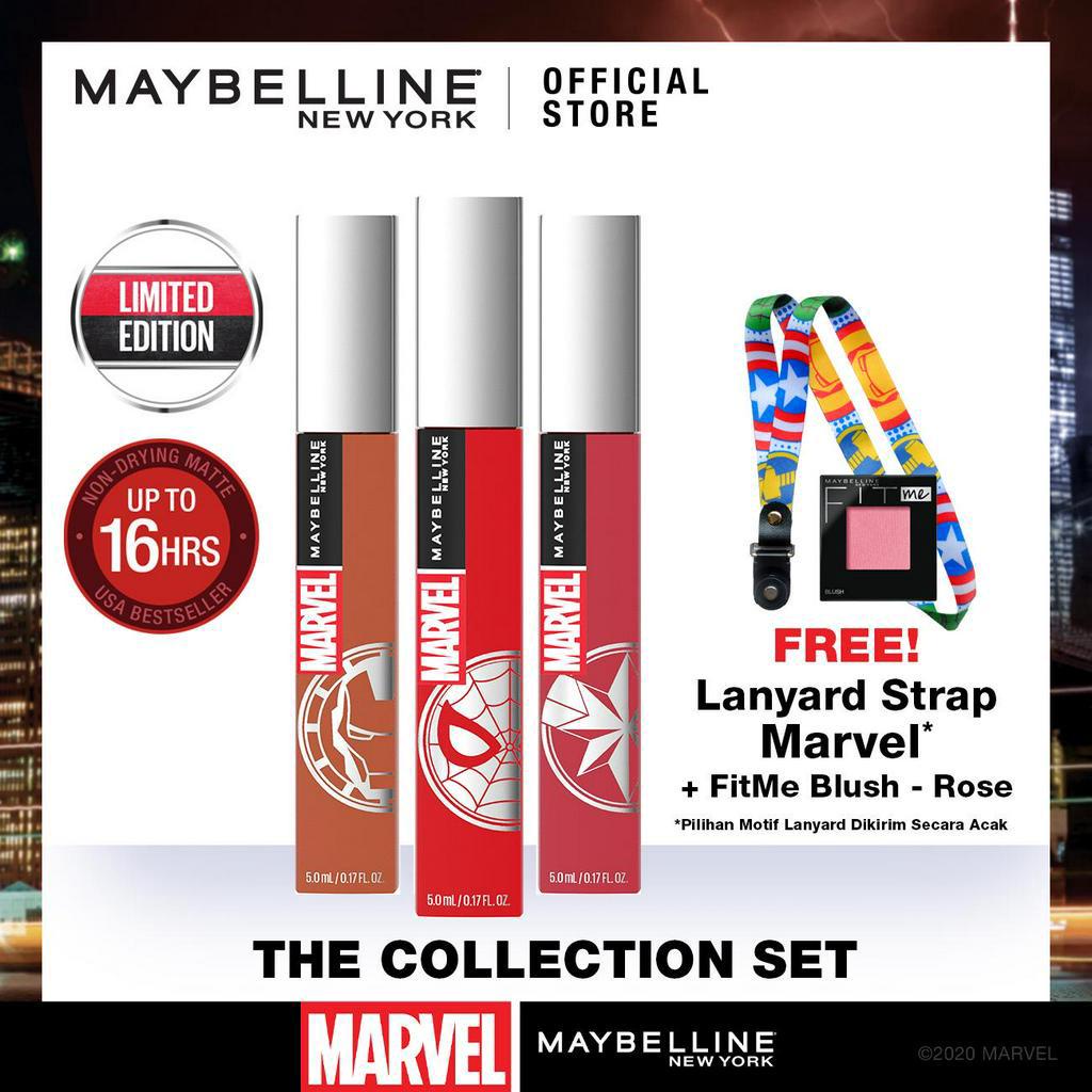 Maybelline X Marvel Superstay Matte Ink Liquid Lipstick Collection Set 3pcs Free Lanyard & Blush On