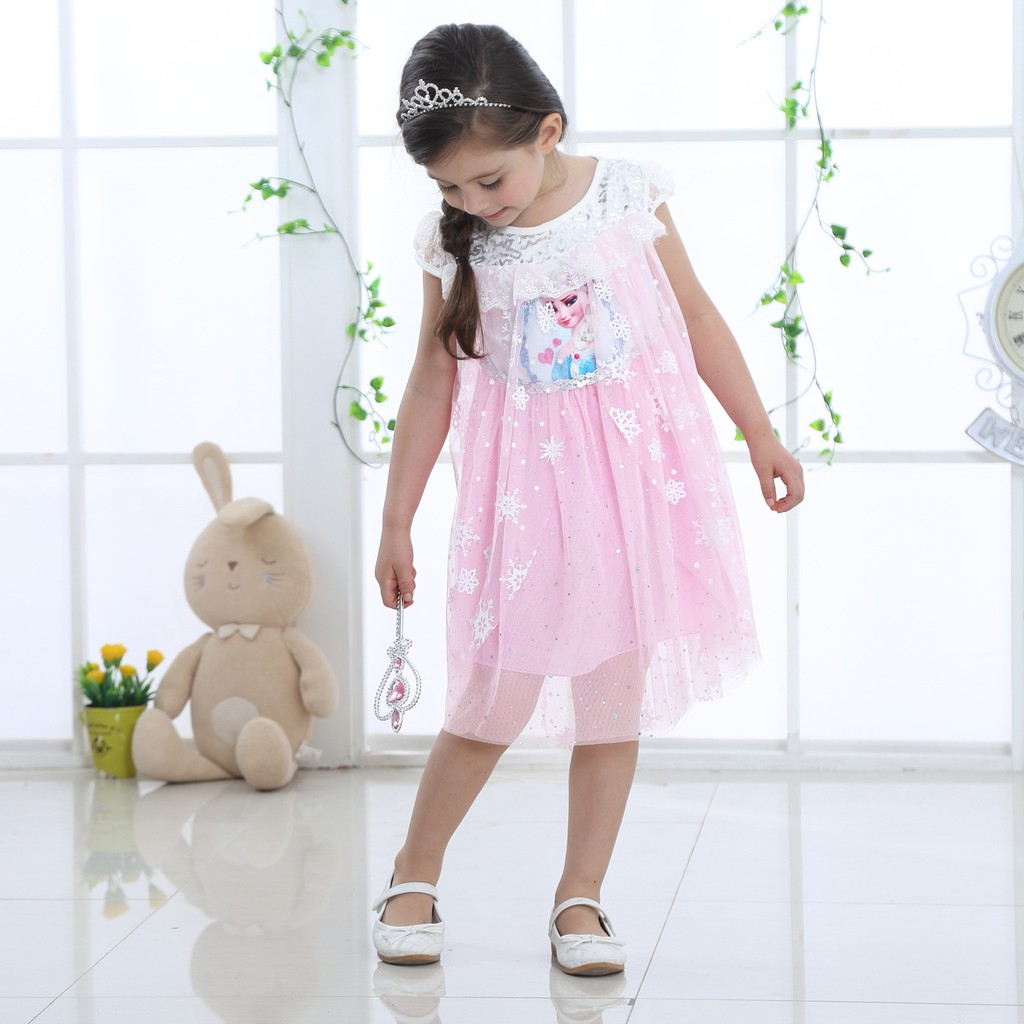 Dress Princess Musim Panas Gaya Korea Motif Print Kartun Salju untuk Anak Perempuan
