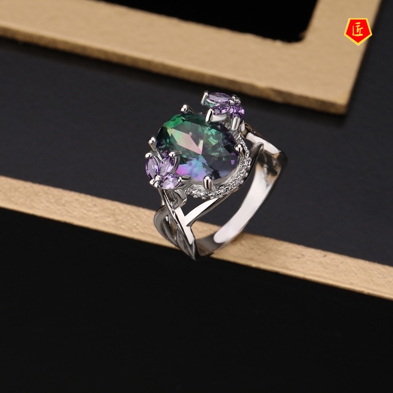 [Ready Stock]Inlaid Colorful Moissanite Ring 925 Silver Fashion Temperament