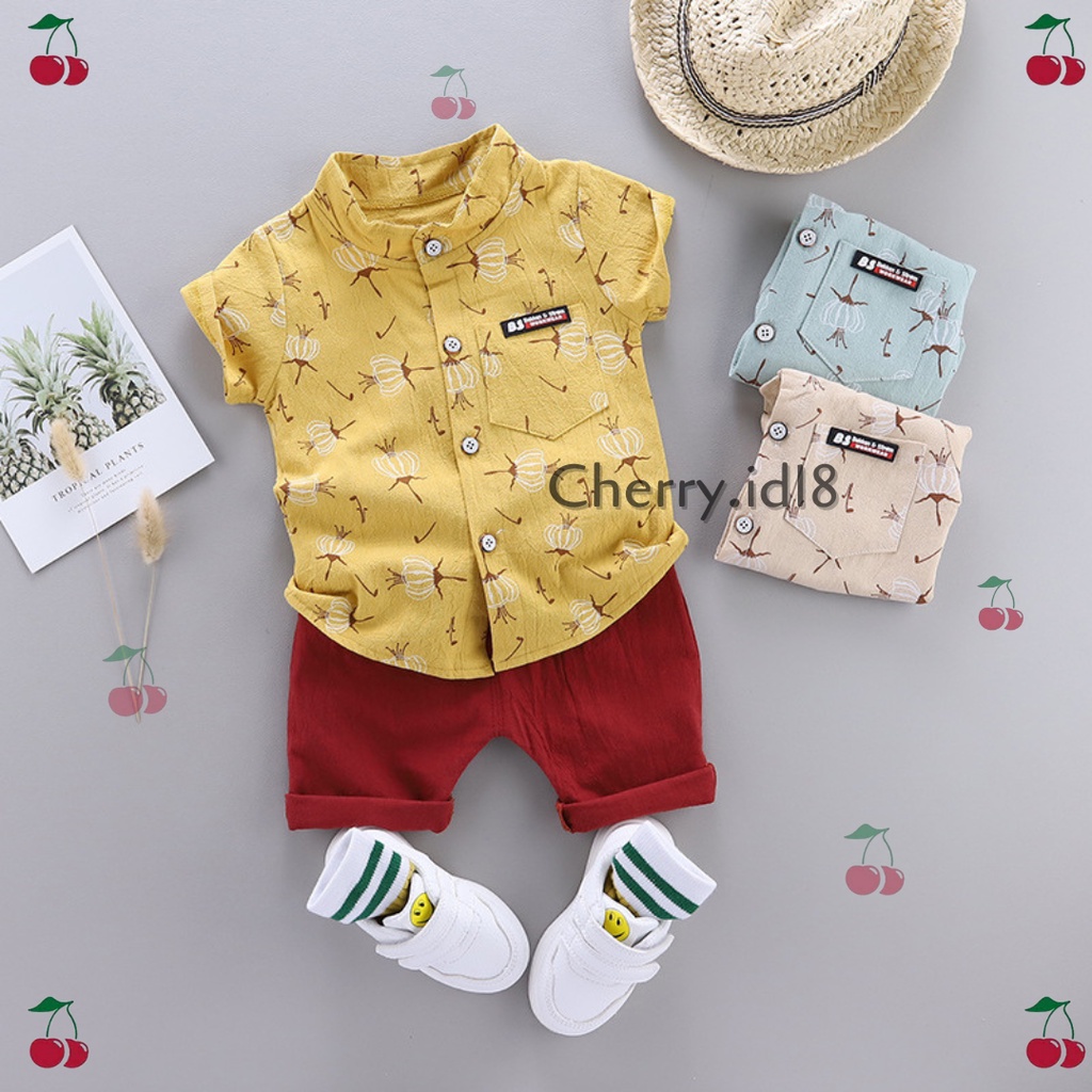 Cherry COD Setelan Kemeja Anak Laki-Laki Import / Baju Anak Laki Laki  - Motif Bunga Putih KB05