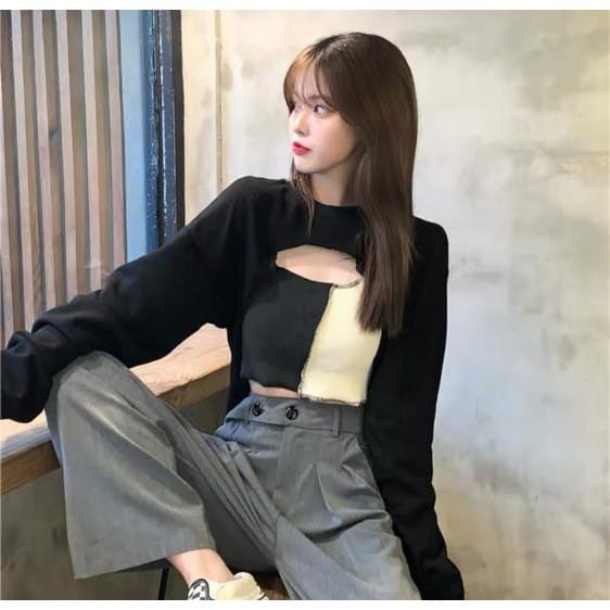CASHA  - ZEC Crop Top MIZURE / Jiewon Crop Sweater / Penutup Dada Atas Wanita Lengan Panjang Korean 