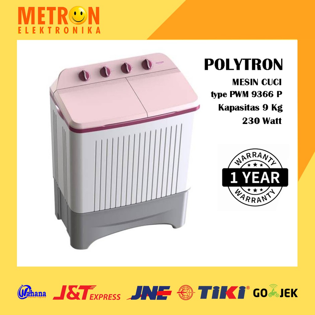 POLYTRON PWM 9366 HP / PINK / MESIN CUCI 9 KG / PWM9366HP