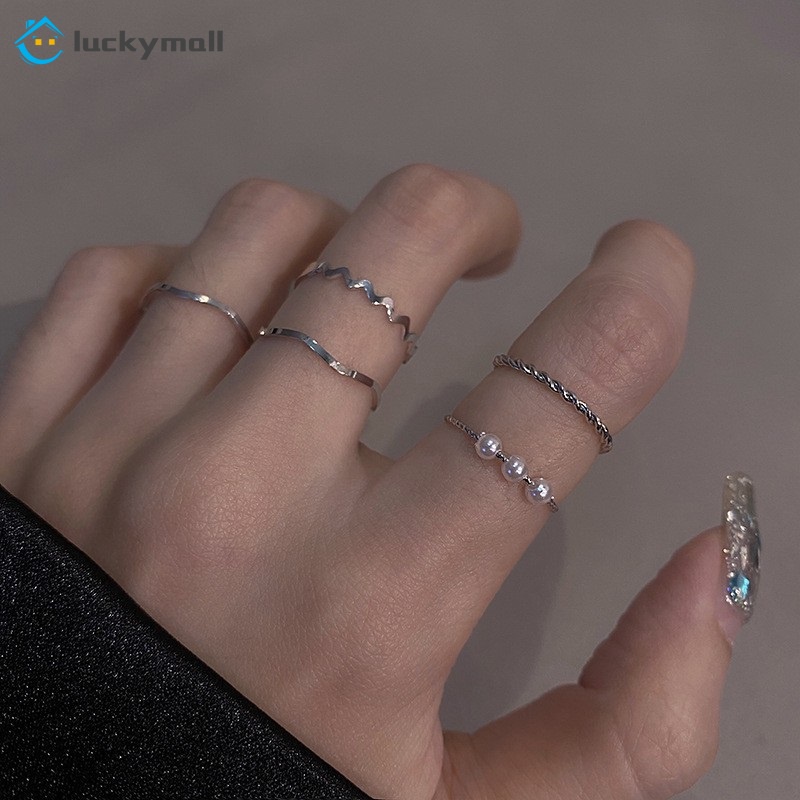 5pcs / Set Cincin Mutiara Geometris Emas Dan Perak Dapat Disesuaikan Gaya Korea Untuk Wanita