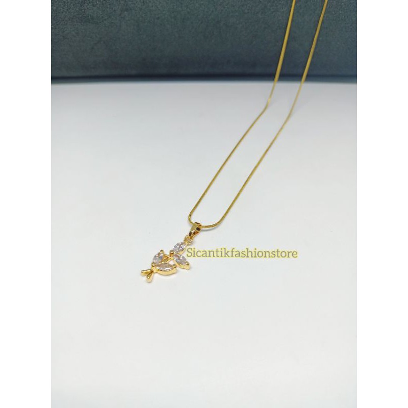 PROMO Kalung Titanium plus liontin permata motif Daun fashion wanita terlaris anti karat lapis emas