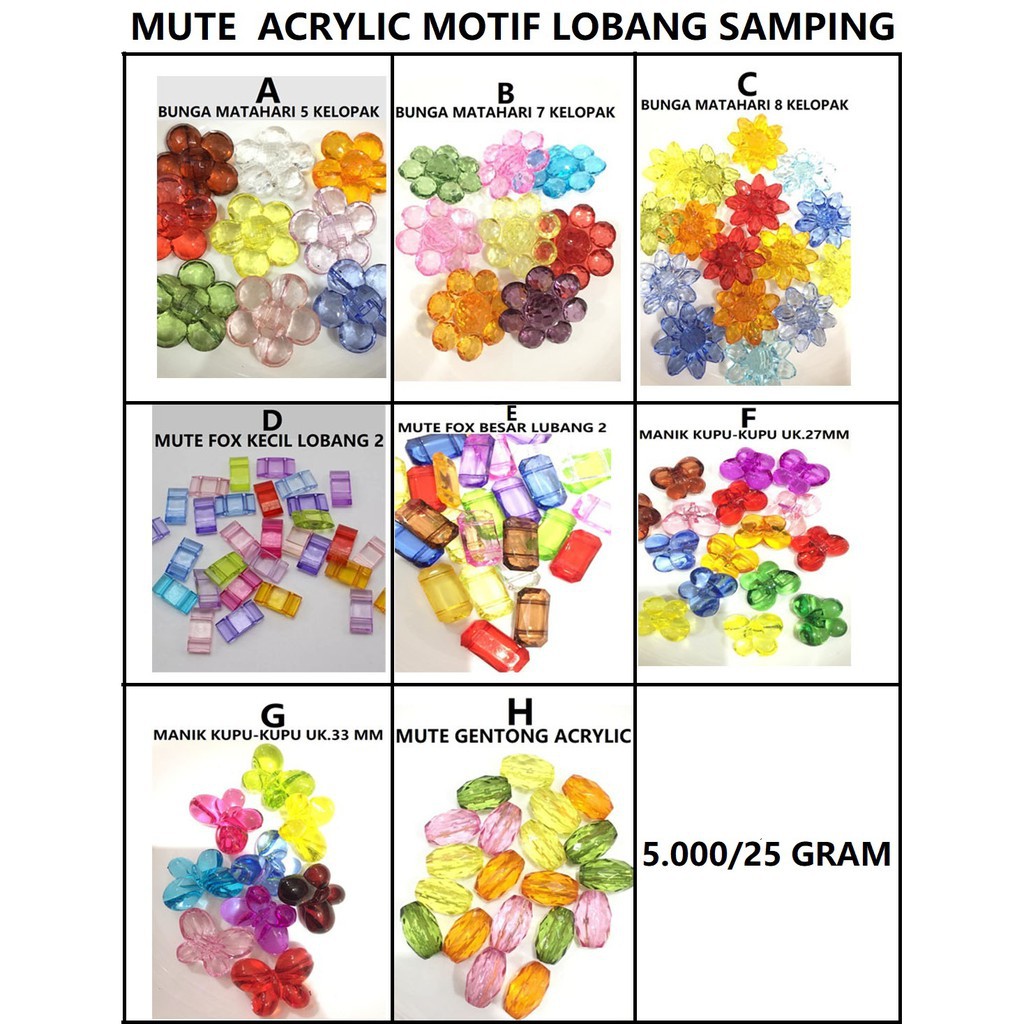 mote manik motif akrilik lubang samping dan lubang dua HARGA/25 GRAM