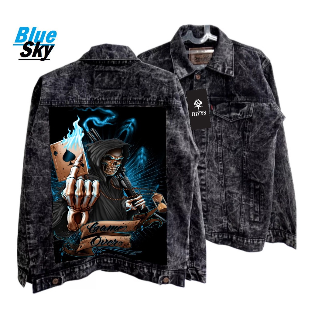 (GRATIS ONGKIR) JAKET DENIM PRIA SENWASH BLACK GAMBAR PRINTING SABLON PREMIUM QUALITY