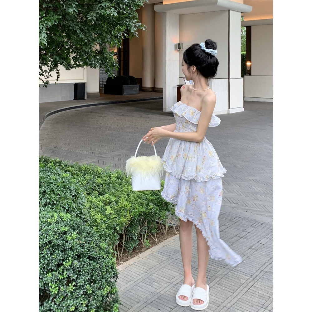 Suhao sweet floral one-shoulder tube top dress wanita musim panas ruffle seksi rok mid-length tidak