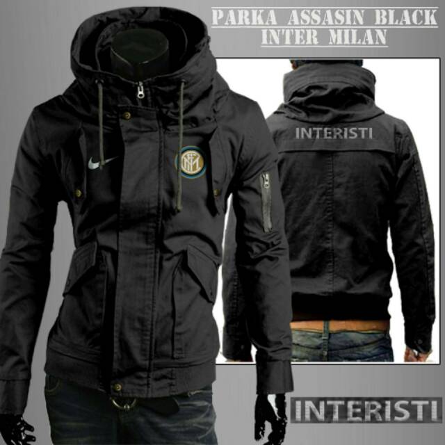 (FREE ONGKIR) Jaket Parka Assasin Inter Milan Black .Jaket.Body-Fit.Jaket.Bola.Jaket-cowok