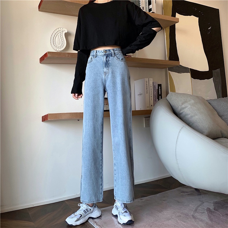 MOOGU ♡ Celana jeans longgar slit korea pinggang tinggi lurus