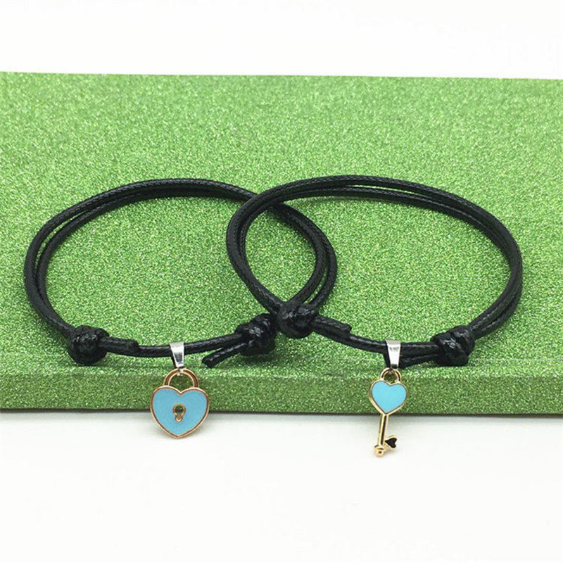 2pcs/lot Gelang Tangan Tali Aksen Gembok Hati Bahan Alloy Untuk Pasangan/Pria/Wanita