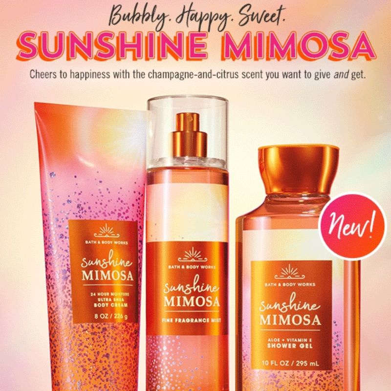 BATH &amp; BODY WORKS BBW SUNSHINE MIMOSA SERIES BODY MIST CREAM MIST LOTION SHOWER GEL BODY CREAM HAND CREAM SHOWER GEL BODY CREAM LOTION MIST WASH WALLFLOWER ROOMSPRAY SCENTPORTABLE GENTLE GEL DEEP CLEANSING GENTLE FOAMING CREAMY LUXE