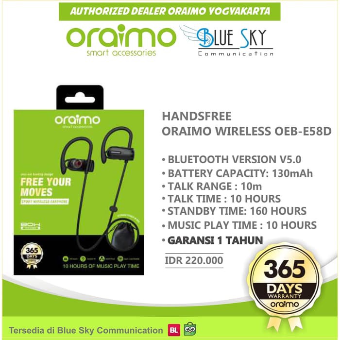 HANDSFREE HEADSET EARPHONE ORAIMO WIRELESS OEB-E58D BLUETOOTH SPORT