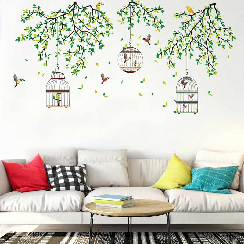 RELIZA Wall Sticker / Stiker Dinding 60X90 sangkar burung rumbai ranting hijau JM7259