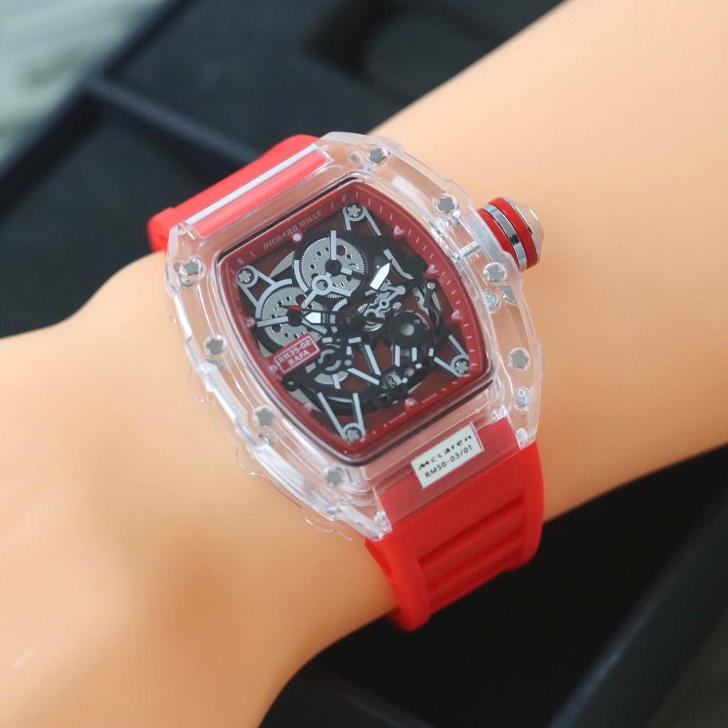 JAM TANGAN PRIA RM TRANSPARANT ANALOG TALI KARET TANGGAL AKTIF DIAMETER 4.5 CM + BOX EXCLUSIVE