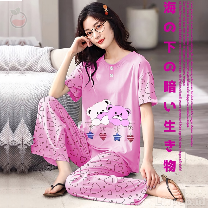 Baju Tidur Stelan Wanita Celana Panjang Baby doll Dewasa Piyama Allsize Cp Lilipop Sleep Wear-Twin Bear pink