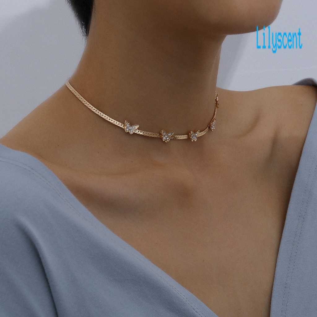 Kalung Choker Liontin Kupu-Kupu Aksen Berlian Imitasi Warna Solid Untuk Wanita