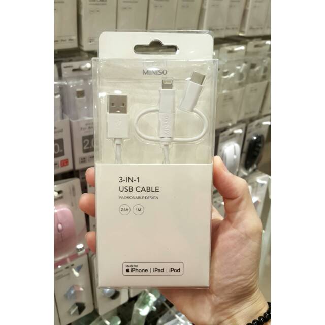 MINISO 3IN1 USB CABLE 2.4A Panjang 1M. Kabel data miniso murah. Ready surabaya