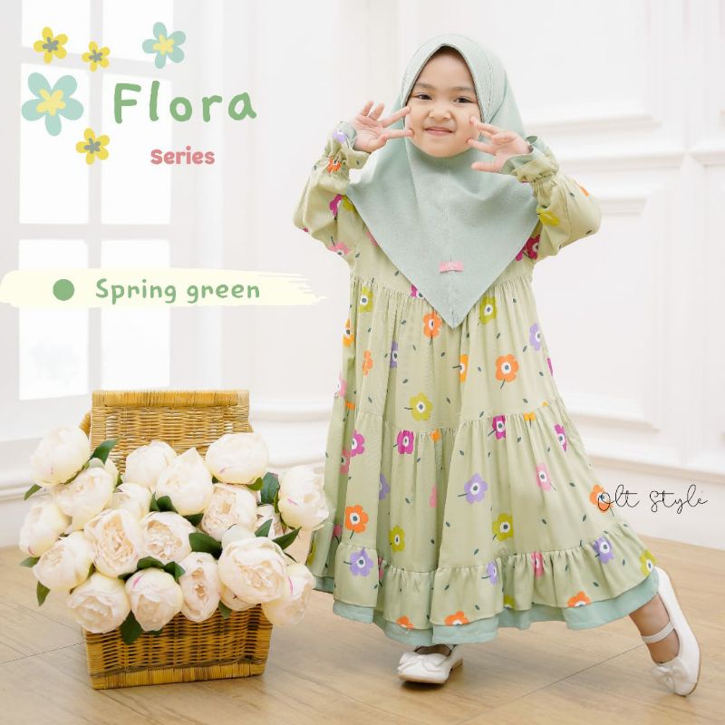 ready , Flora gamis anak set by ollet, gamis anak perempuan set rayon spring green