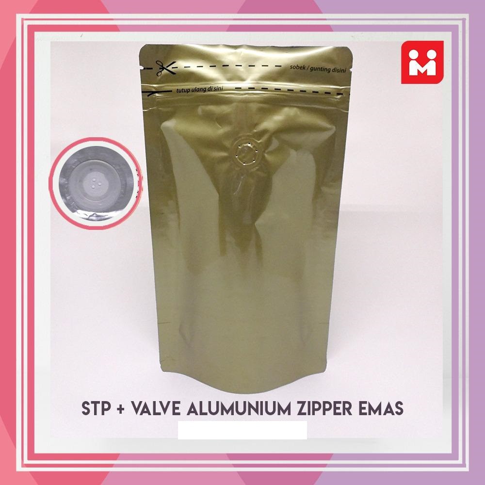 Kemasan Kopi Standing Pouch Valve + Zipper Emas 250gr