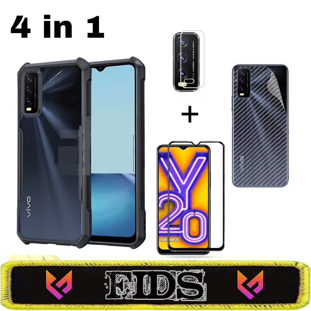 Promo Paket 4in1 Case Vivo Y20 / Y20s / Y20i / Y12s Transparan Shock proof &amp; Tempered Glass Layar Free Anti Gores Lensa Camera Dan Garskin Carbon