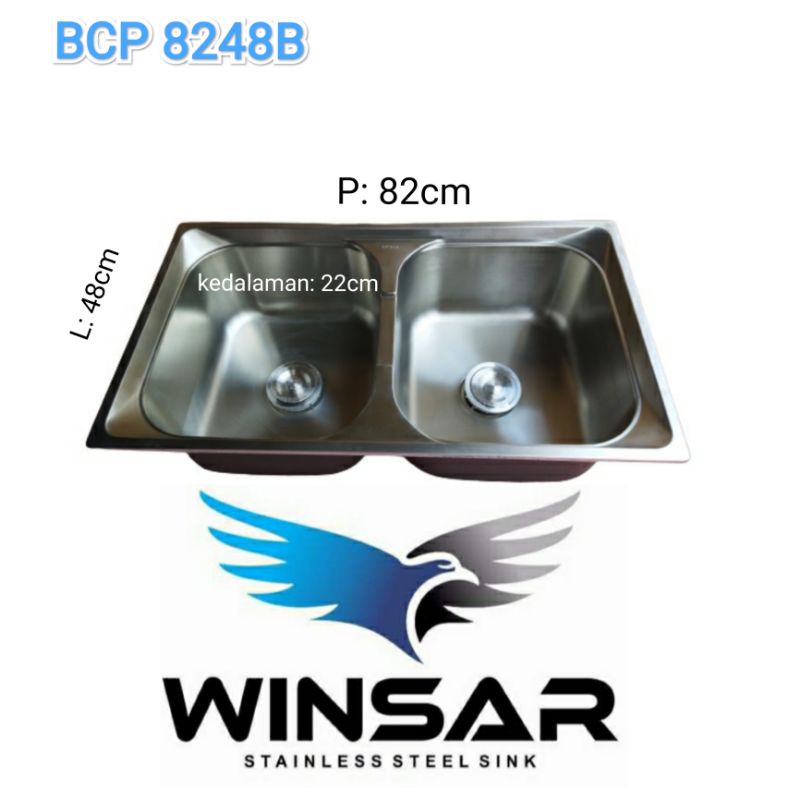 kitchen sink/bak cuci piring stainless 2 Lubang 82x48 cm (winsar V8248B) Free Afur/saringan