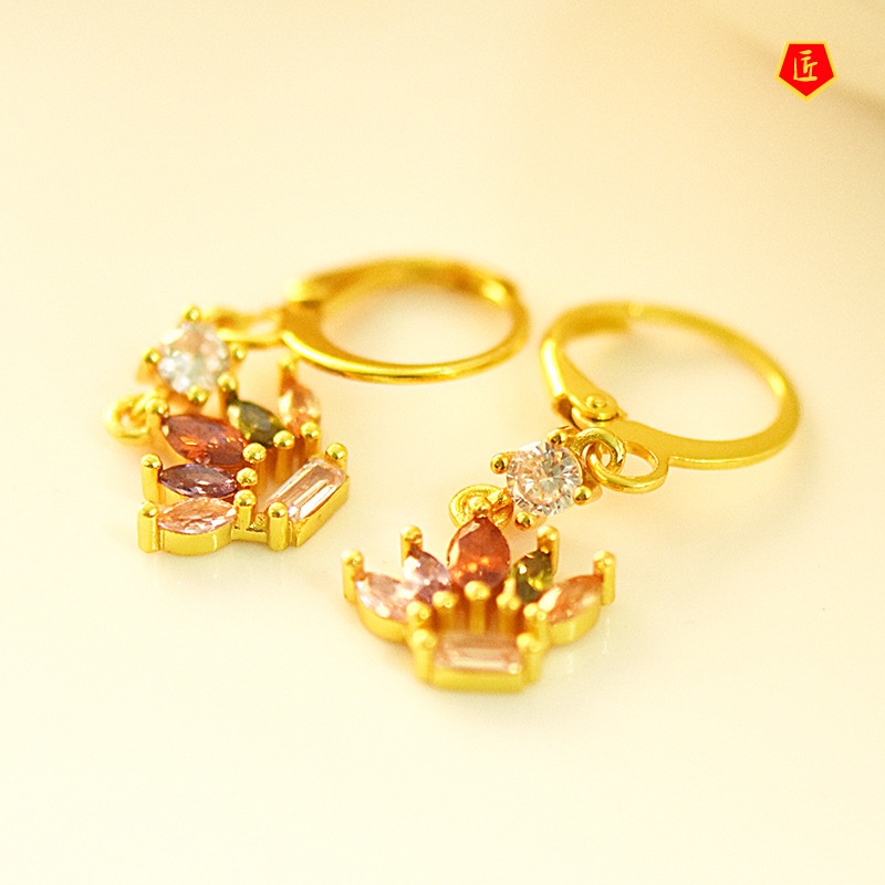 [Ready Stock]18K Gold Crowns Colored Gemstone Earrings Simple Personality