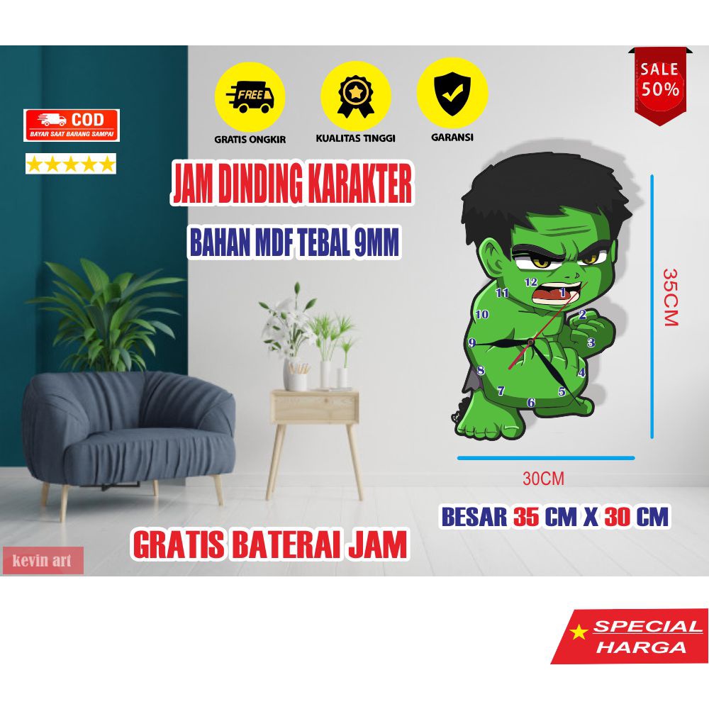 JAM DINDING KAYU UNIK KARAKTER ANAK GAMBAR ANIMASI HULK KEREN LUCU ARTISTIK MURAH TERBARU