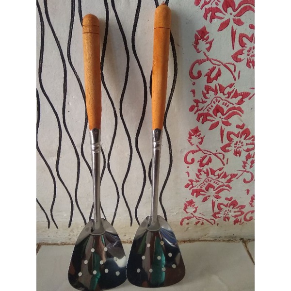 Jual Sutil Stainless Gagang Kayu Spatula Bolong Tanggung Shopee