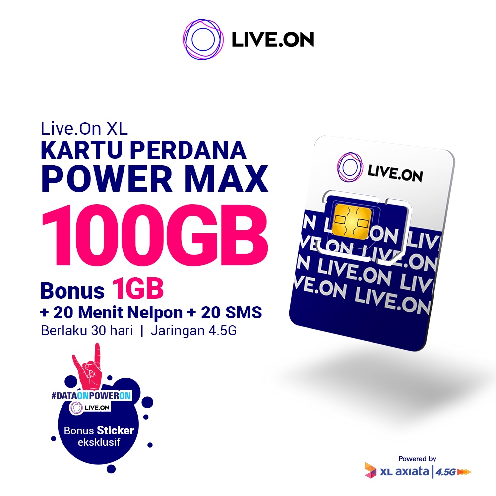 Live.On Kartu Perdana Power Max 100GB + 1GB (30 hari) 4.5G + 20 Menit Nelpon + 20 SMS + Sticker B