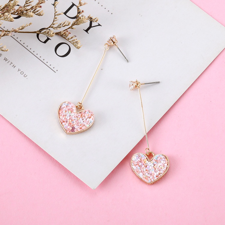 Sterling silver jarum Korea hipster pink payet cinta anting-anting hati manis zirkon peach jantung p