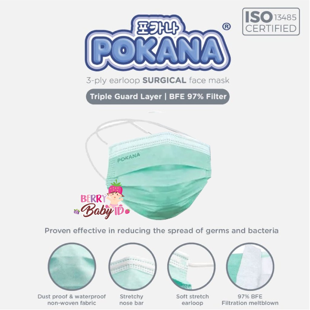 Pokana Surgical Face Mask Adult Headloop 3Ply Masker Medis Dewasa 30pc Berry Mart