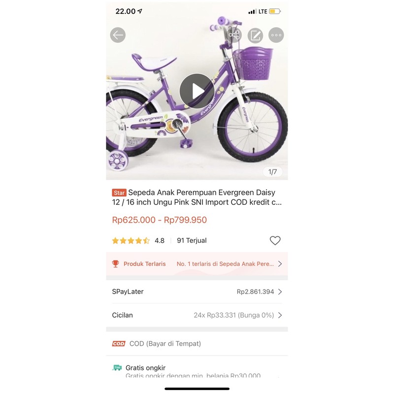 Khusus Gojek Instan Sepeda Anak Perempuan  cewek wanita Evergreen Daisy 12 16 18 inch Ungu Pink termurah  SNI Penguin COD kredit cewek BMX mini Ban hidup pompa karet bukan plastik eva terbaik gratis service seumur hidup keranjang boncengan ungu pink SNi-5
