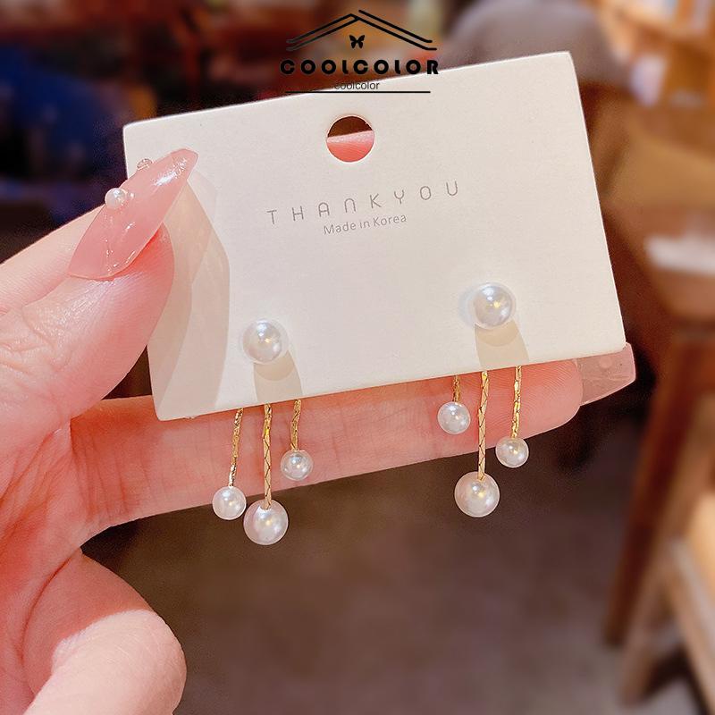 COD Anting Pearl Back Hanging Silver Needle Earrings Temperamen All-Match Anting Wanita Halus- cl