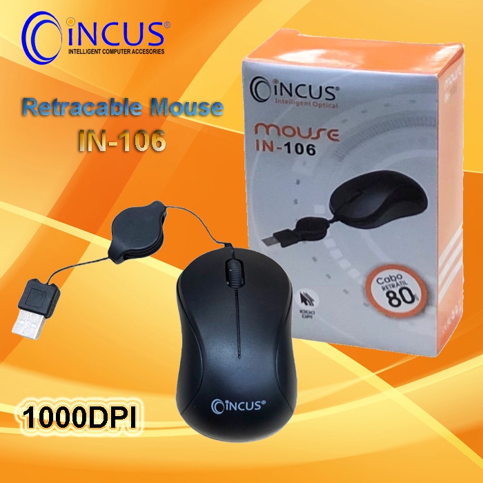 Mouse Mini USB Retracable - Kabel rol tarik Incus